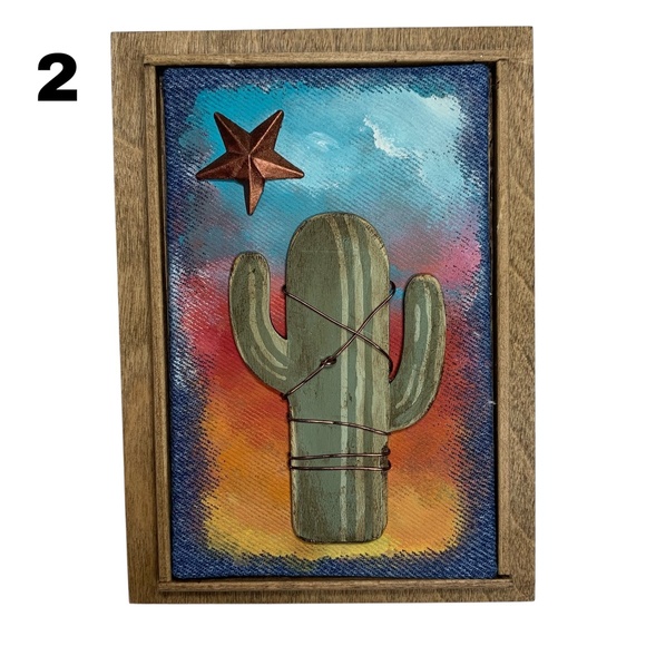 Mixed Media Wall Art Saguaro Cactus Scene Sunset Stars Desert Southwest 6 x 8 - Picture 4 of 4